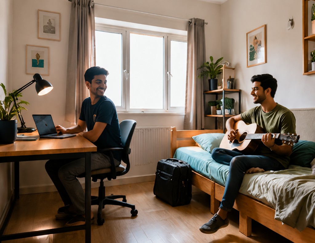 Two tenants in a modern PG room — one working at a desk, one playing guitar